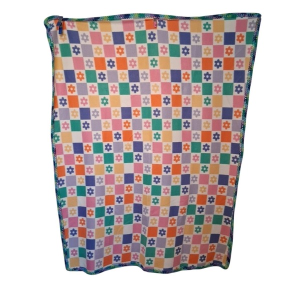 Pastel Rainbow Daisy Square's Checkerboard Hand Knit Edges Soft Felt Blanket 58" - Picture 2 of 7